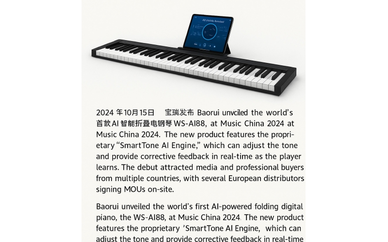Baorui Launches World&rsquo;s First AI‑Powered Folding Digital Piano WS‑AI88